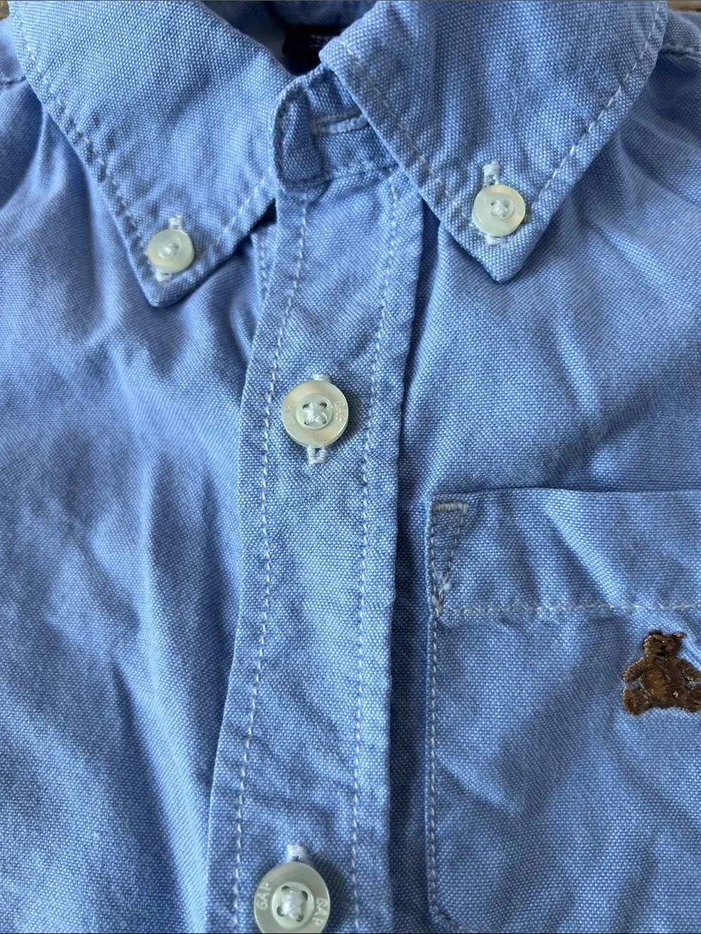Baby Gap Blue Button Down Shirt Teddy Bear Embroidered Logo pocket Boys 3